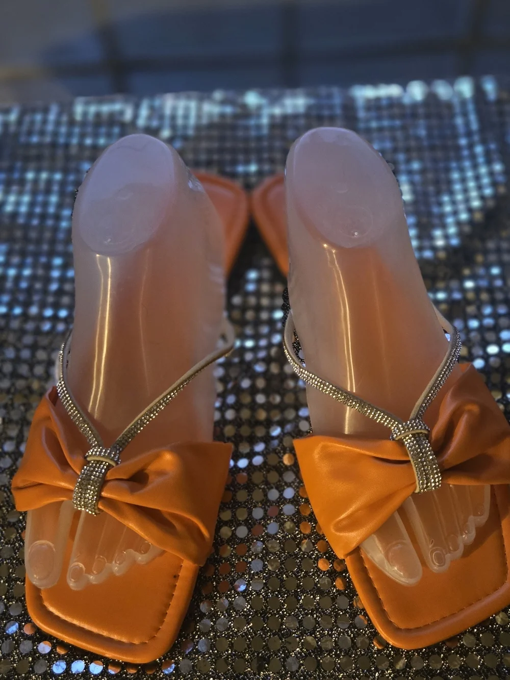 Knotted Satin Toe-Loop Sandals with Crystal Trim — Orange